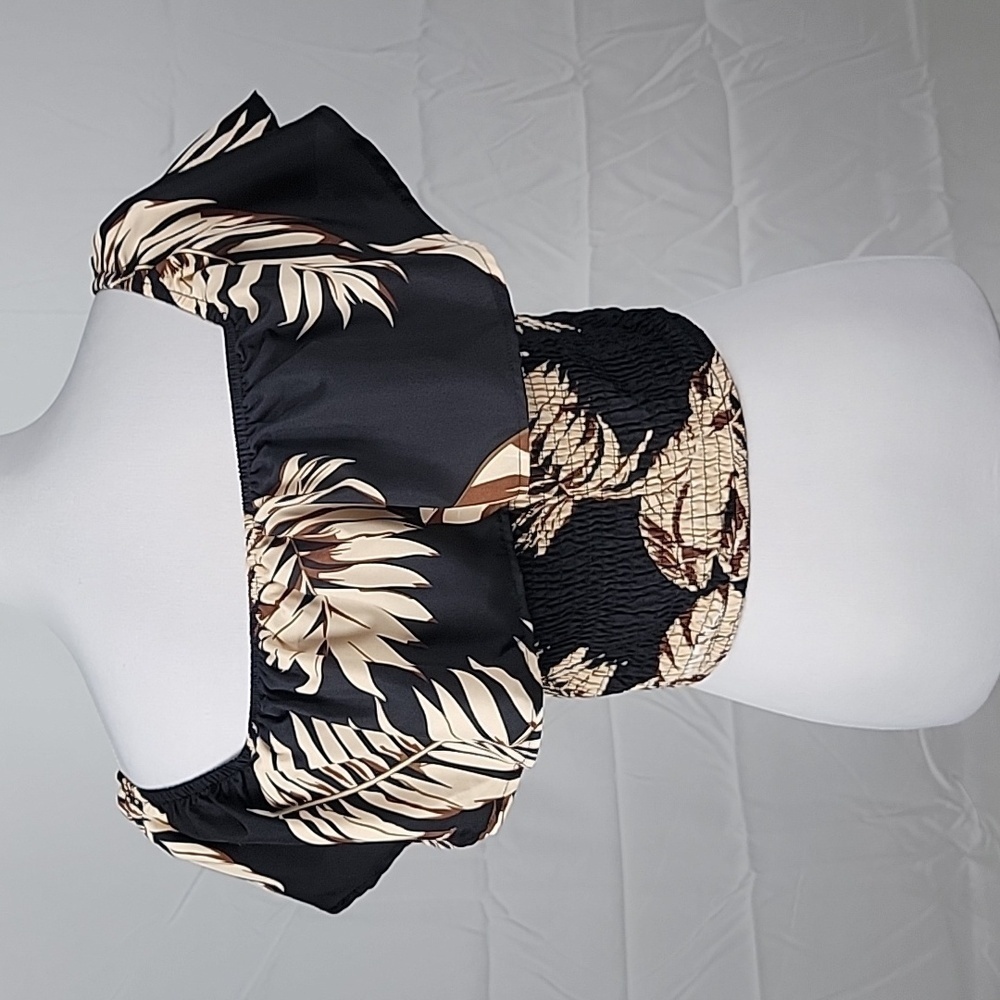 SHEIN Size L (8-10) Black w/ Tan Tropical Floral Pattern On-or-Off Shoulder Top - Picture 4 of 14